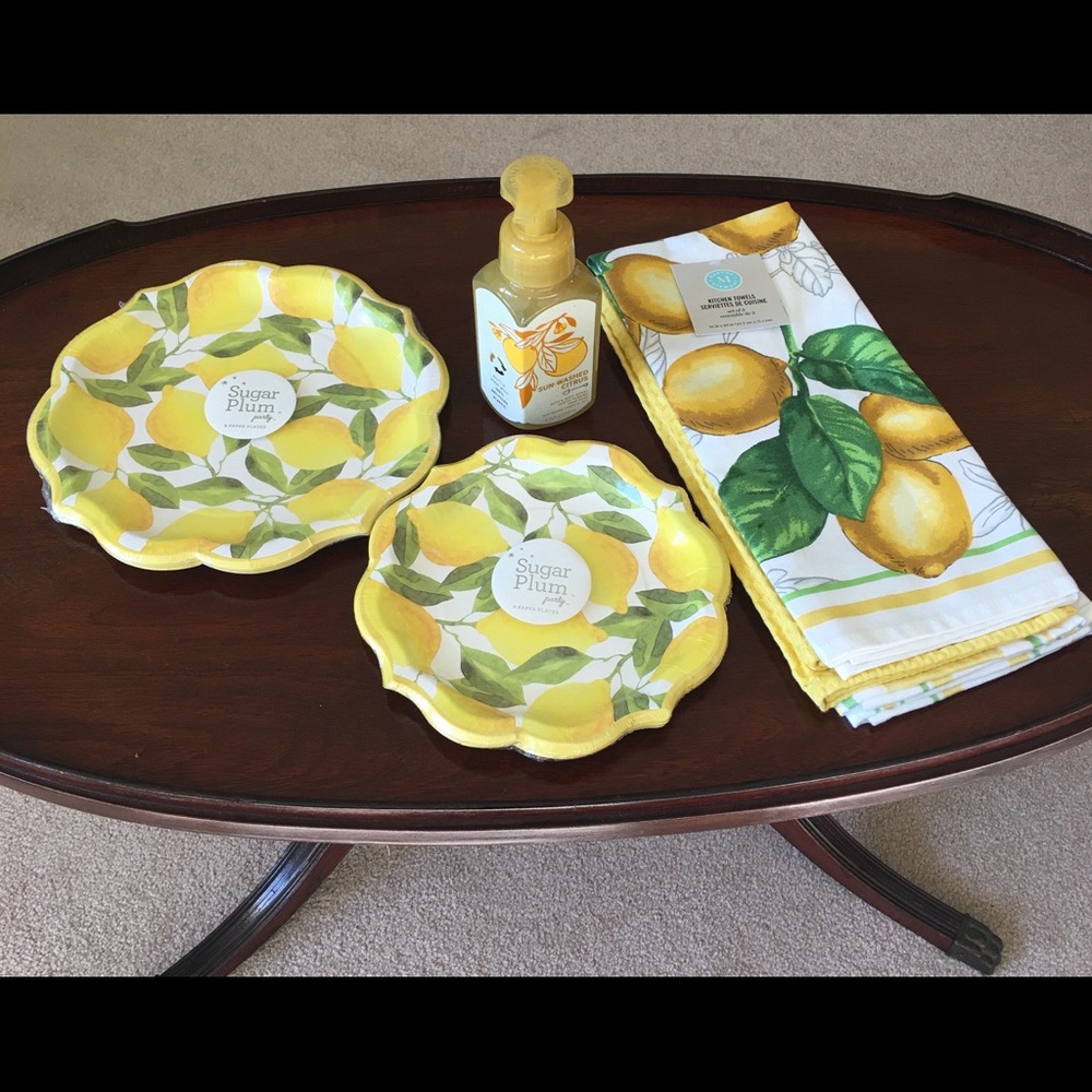 NWT Lemon Towels Martha Stewart, Sugar Plum Lemon Paper Plates, Citrus Soap.
